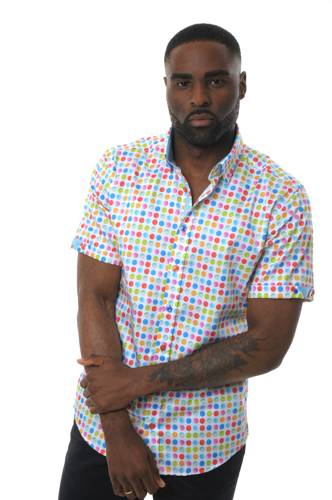 mens polka dot dress shirt short sleeve Men's Black & White Polka Dot Size L Short Sleeve Button Up Shirt